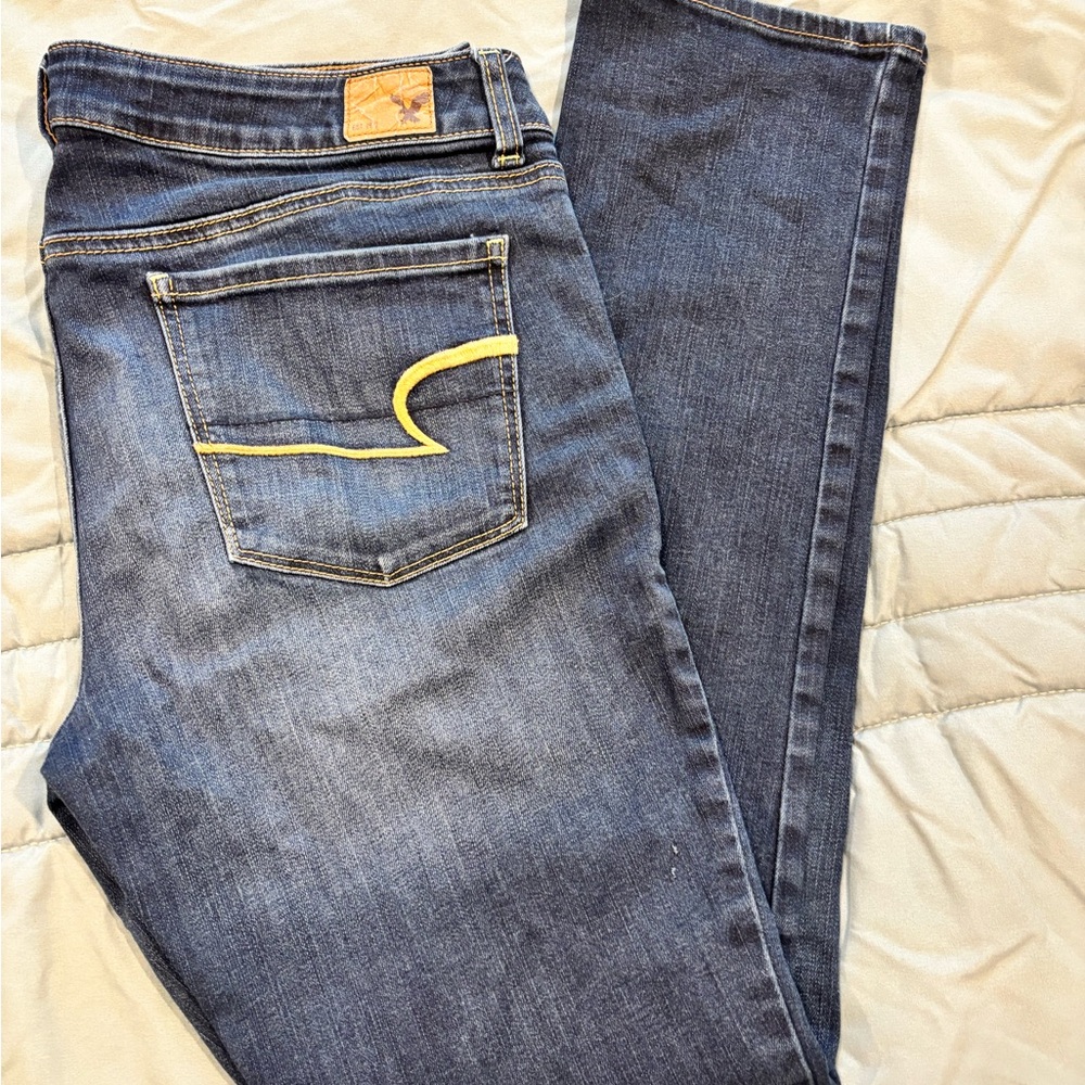 American Eagle Outfitters Blue Skinny Jeans with Yellow Stitching